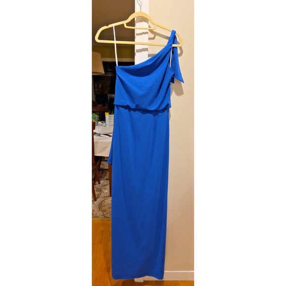 Halston Heritage Blue Crepe One Shoulder Evening Gown 4 Cocktail Formal Gala - Picture 5 of 10